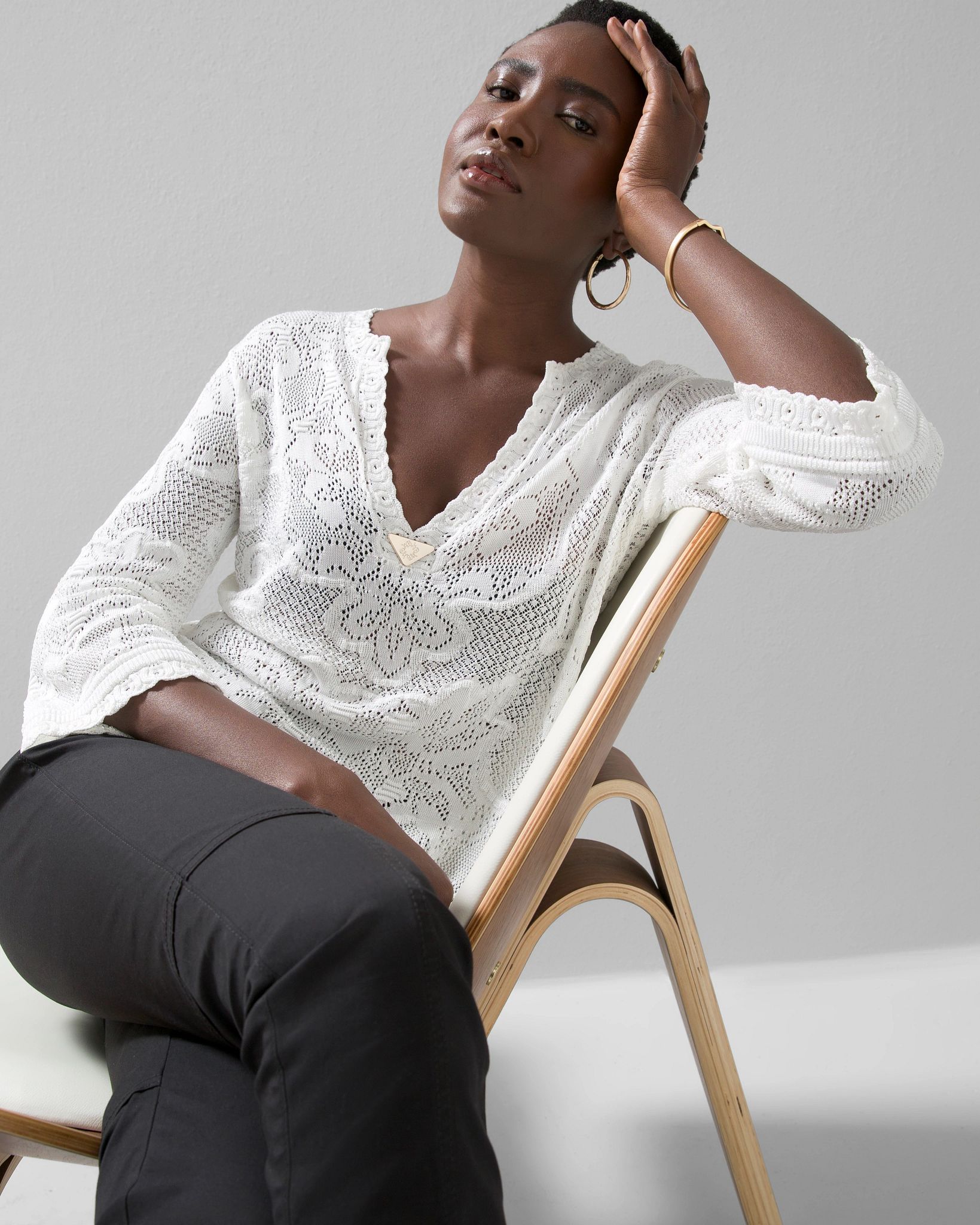 Pointelle Stitch 3 4 Sleeve Sweater